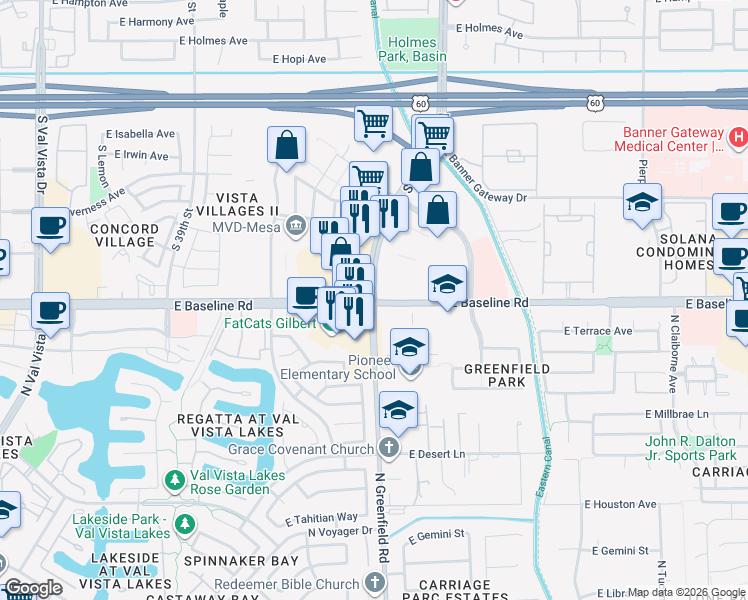 map of restaurants, bars, coffee shops, grocery stores, and more near 1999 South Greenfield Road in Mesa