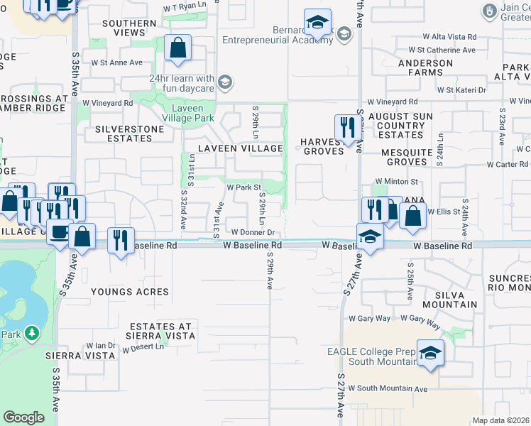 map of restaurants, bars, coffee shops, grocery stores, and more near 2922 West Dunbar Drive in Phoenix