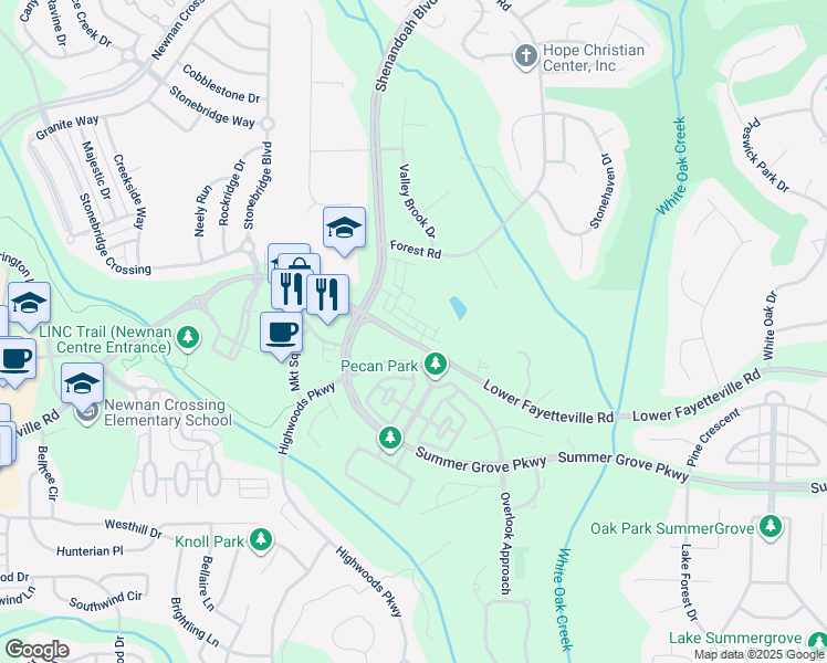 map of restaurants, bars, coffee shops, grocery stores, and more near 113 Daybreak Lane in Newnan