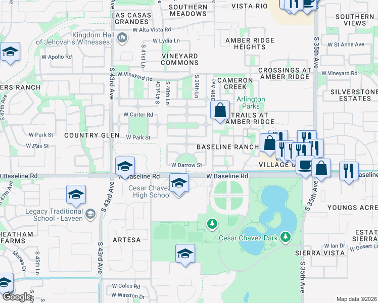 map of restaurants, bars, coffee shops, grocery stores, and more near 7413 South 40th Avenue in Phoenix