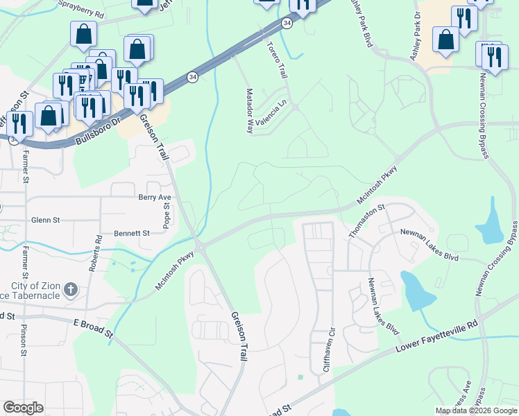 map of restaurants, bars, coffee shops, grocery stores, and more near 90 Brown Ridge Drive in Newnan