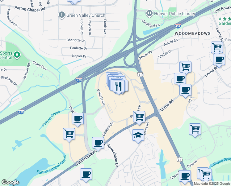map of restaurants, bars, coffee shops, grocery stores, and more near 3000 Galleria Circle in Birmingham