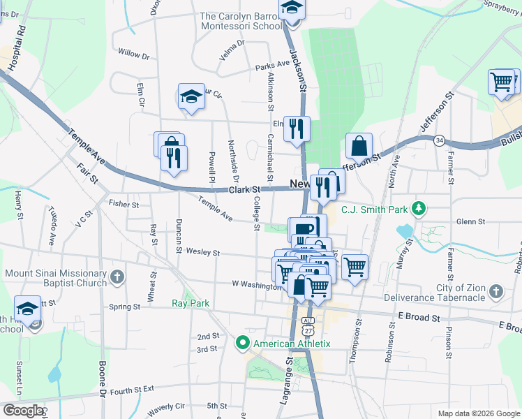 map of restaurants, bars, coffee shops, grocery stores, and more near 65 College Street in Newnan