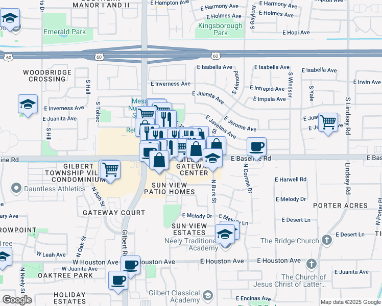map of restaurants, bars, coffee shops, grocery stores, and more near 2252 East Baseline Road in Mesa