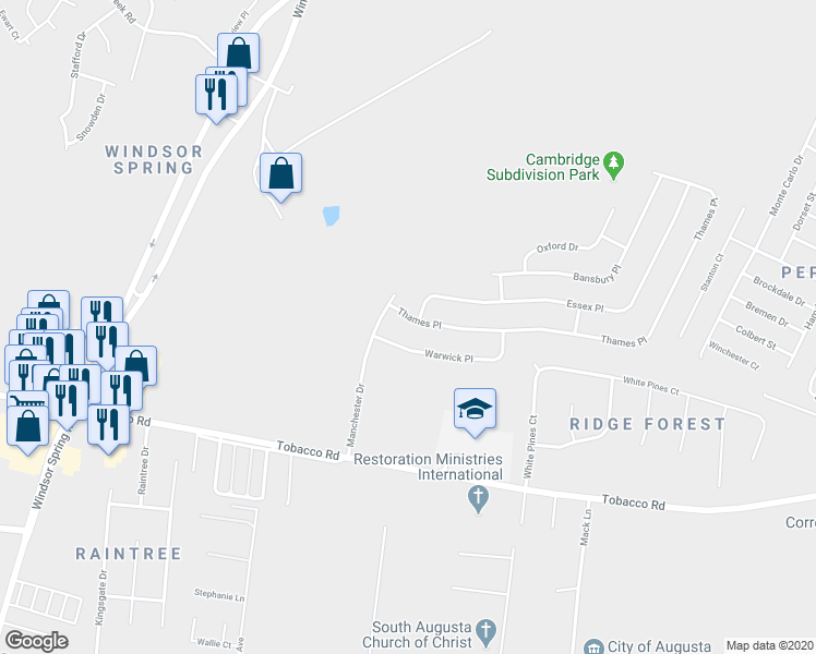 map of restaurants, bars, coffee shops, grocery stores, and more near 3306 Thames Place in Hephzibah