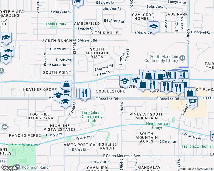 map of restaurants, bars, coffee shops, grocery stores, and more near 1807 East Ellis Street in Phoenix
