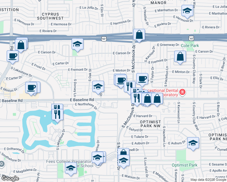 map of restaurants, bars, coffee shops, grocery stores, and more near 1623 East Logan Drive in Tempe