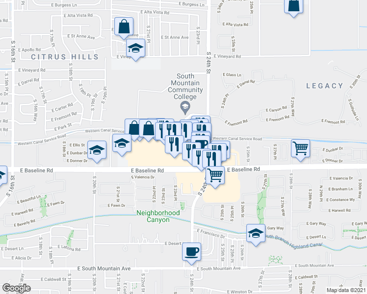 map of restaurants, bars, coffee shops, grocery stores, and more near 2170 East Baseline Road in Phoenix