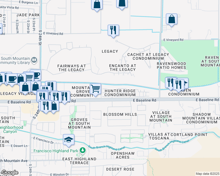 map of restaurants, bars, coffee shops, grocery stores, and more near 2884 East Dunbar Drive in Phoenix