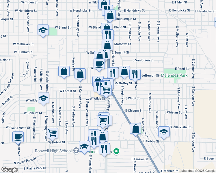 map of restaurants, bars, coffee shops, grocery stores, and more near 1000 South Main Street in Roswell