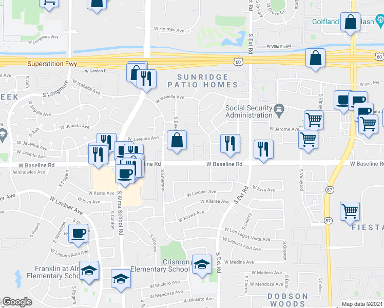 map of restaurants, bars, coffee shops, grocery stores, and more near 1930 South Westwood in Mesa