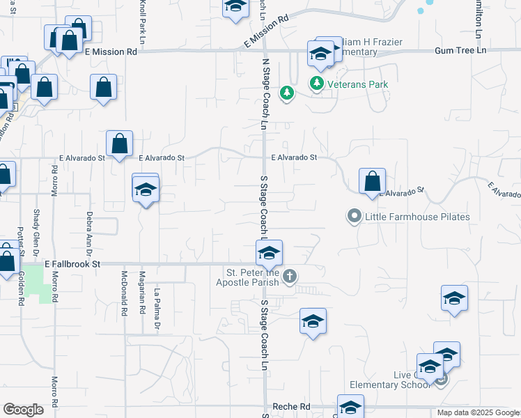 map of restaurants, bars, coffee shops, grocery stores, and more near 223 South Stage Coach Lane in Fallbrook