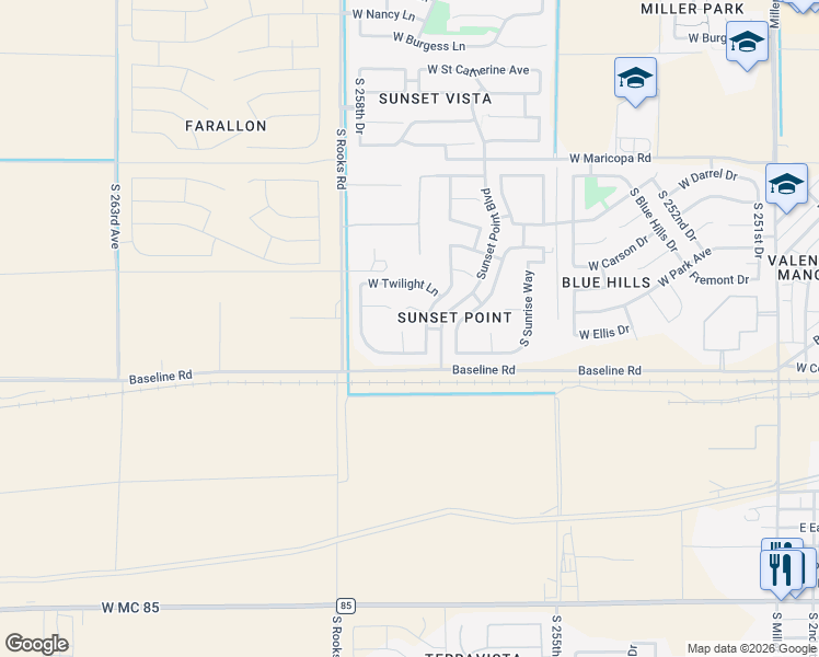 map of restaurants, bars, coffee shops, grocery stores, and more near 7413 South Sundown Court in Buckeye