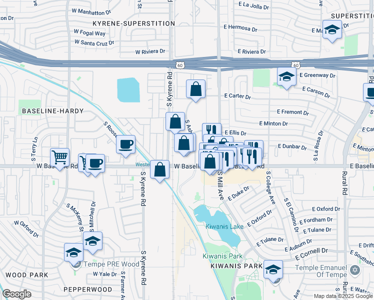 map of restaurants, bars, coffee shops, grocery stores, and more near 5032 S Ash Ave in Tempe