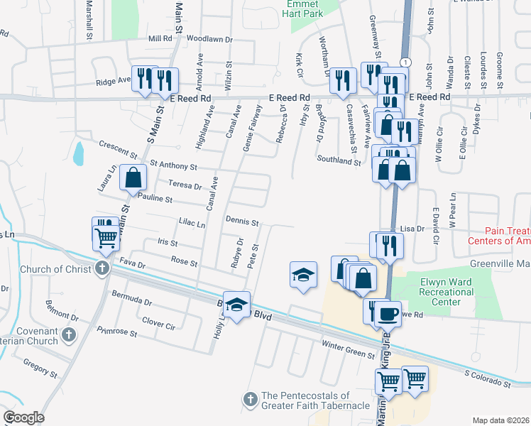 map of restaurants, bars, coffee shops, grocery stores, and more near 552 Jo Ann Circle in Greenville