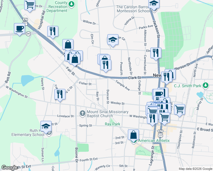 map of restaurants, bars, coffee shops, grocery stores, and more near 46 Richard Allen Drive in Newnan