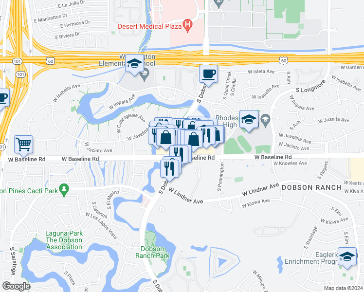 map of restaurants, bars, coffee shops, grocery stores, and more near 1901-1999 South Dobson Road in Mesa