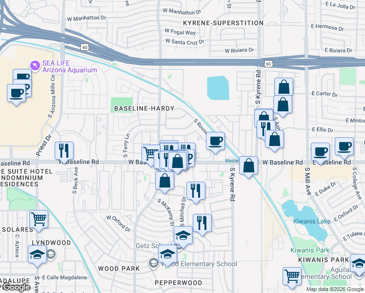 map of restaurants, bars, coffee shops, grocery stores, and more near Unnamed Road in Tempe