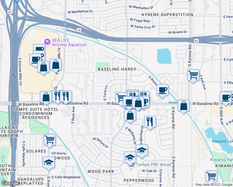 map of restaurants, bars, coffee shops, grocery stores, and more near 5038 South Hardy Drive in Tempe