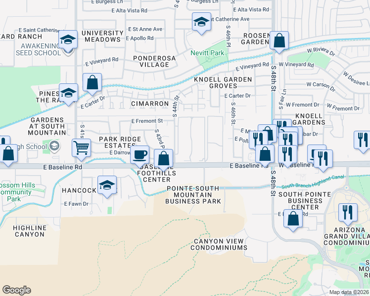 map of restaurants, bars, coffee shops, grocery stores, and more near 4424 East Baseline Road in Phoenix