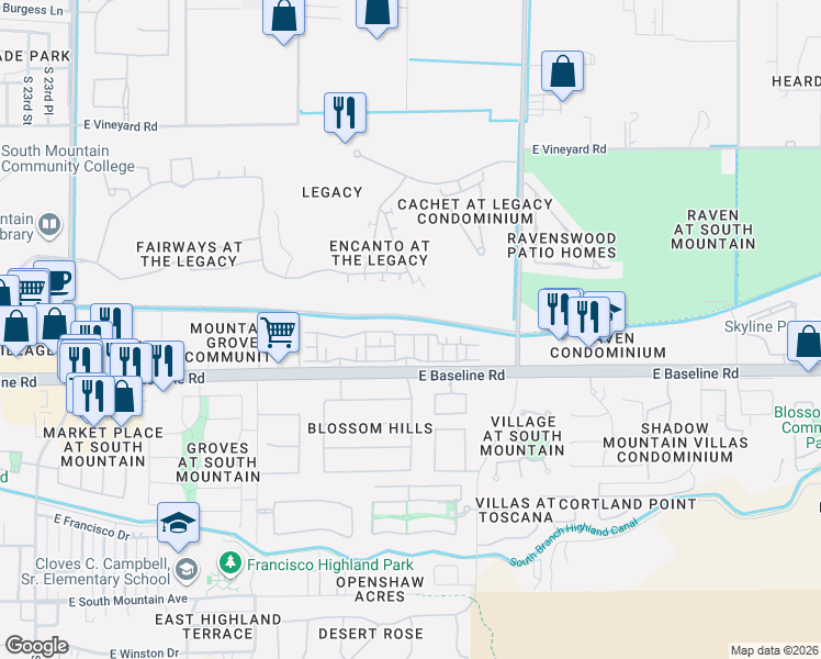 map of restaurants, bars, coffee shops, grocery stores, and more near 3060 East Dunbar Drive in Phoenix