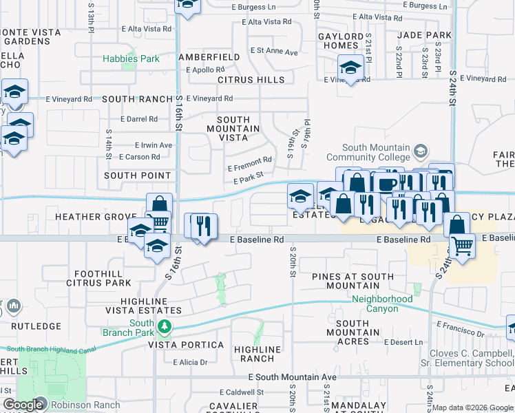 map of restaurants, bars, coffee shops, grocery stores, and more near 1807 East Ellis Street in Phoenix
