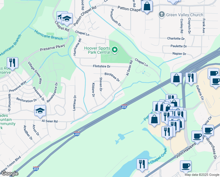 map of restaurants, bars, coffee shops, grocery stores, and more near 3494 Kildare Drive in Birmingham