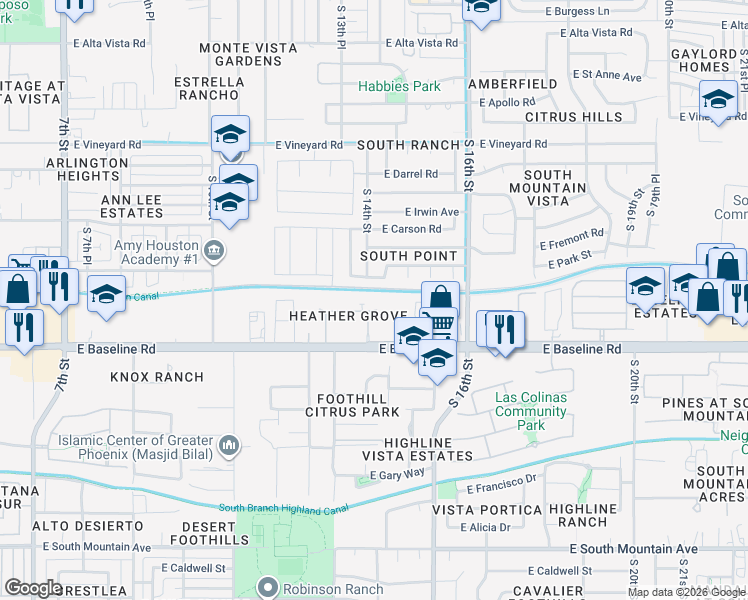 map of restaurants, bars, coffee shops, grocery stores, and more near 1406 East Dunbar Drive in Phoenix