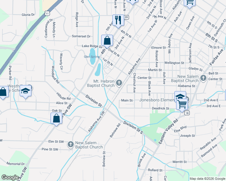 map of restaurants, bars, coffee shops, grocery stores, and more near 17 Spring St in Bessemer