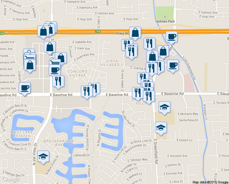 map of restaurants, bars, coffee shops, grocery stores, and more near 4160 East Baseline Road in Mesa
