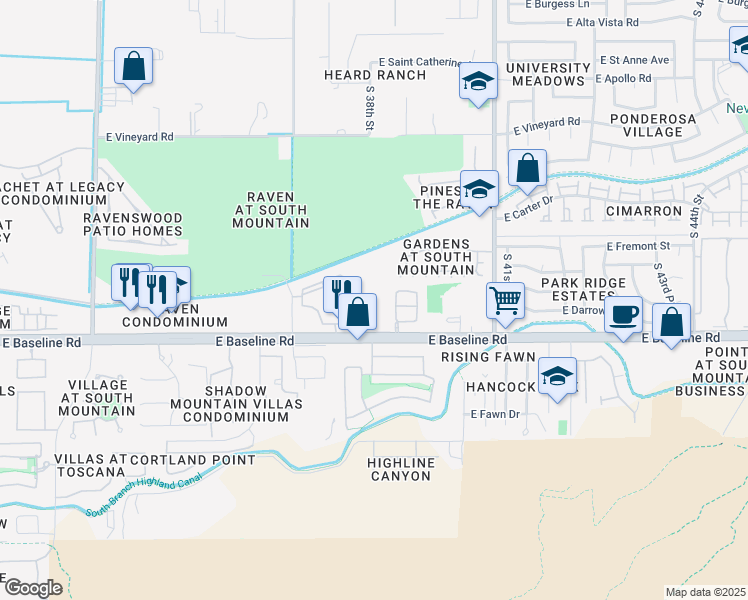 map of restaurants, bars, coffee shops, grocery stores, and more near 3802 East Baseline Road in Phoenix