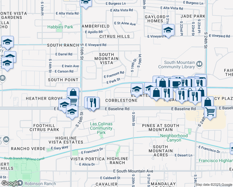 map of restaurants, bars, coffee shops, grocery stores, and more near 1807 East Ellis Street in Phoenix
