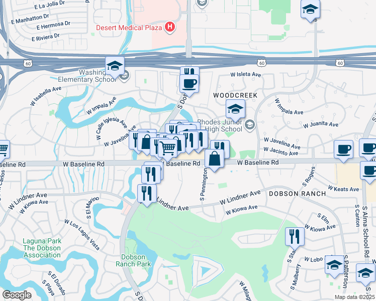 map of restaurants, bars, coffee shops, grocery stores, and more near in Mesa
