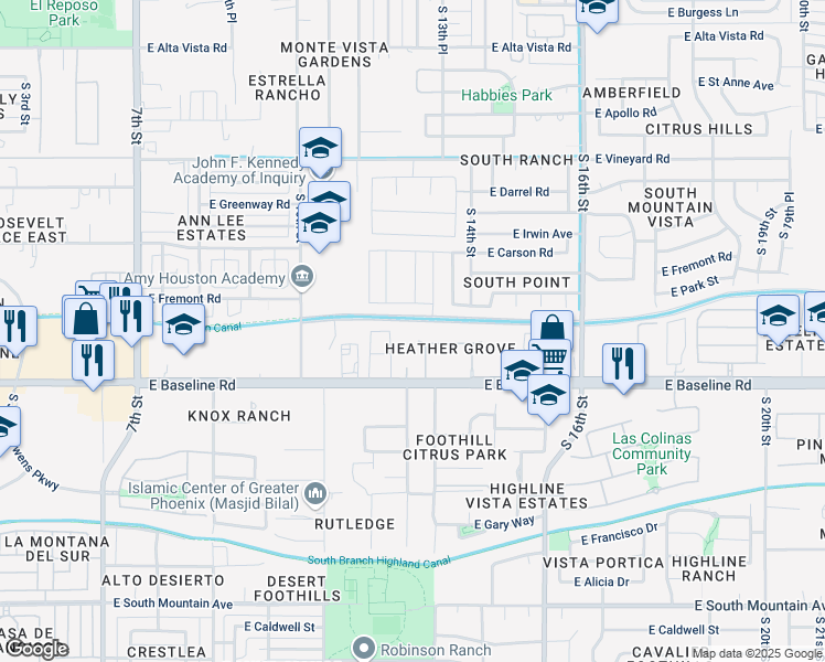 map of restaurants, bars, coffee shops, grocery stores, and more near 1308 East Dunbar Drive in Phoenix
