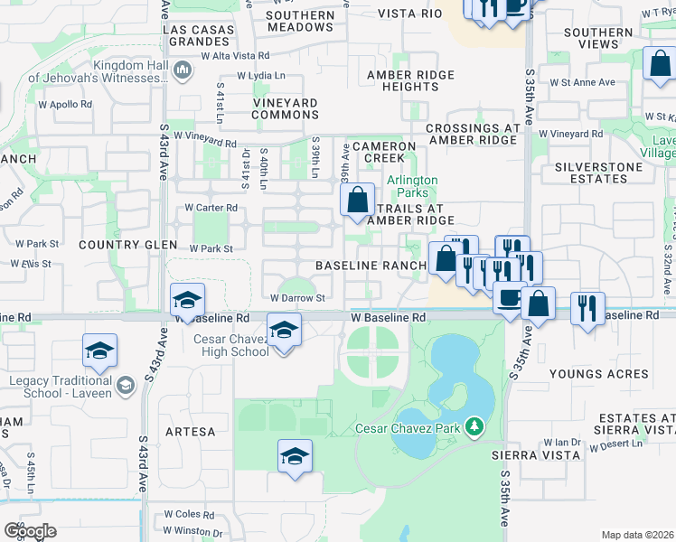 map of restaurants, bars, coffee shops, grocery stores, and more near 7405 South 39th Drive in Phoenix
