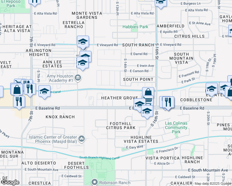 map of restaurants, bars, coffee shops, grocery stores, and more near 1328 East Dunbar Drive in Phoenix