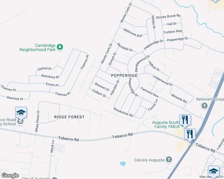 map of restaurants, bars, coffee shops, grocery stores, and more near 3601 Bremen Drive in Augusta