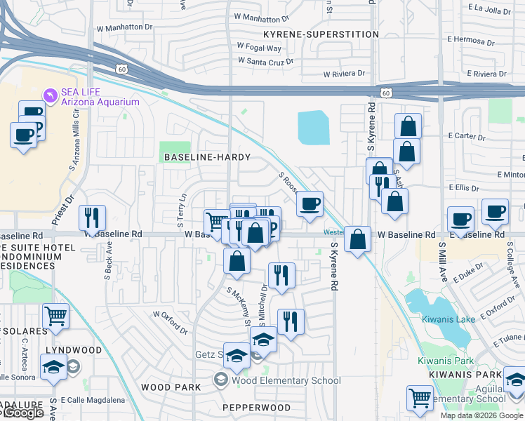 map of restaurants, bars, coffee shops, grocery stores, and more near Unnamed Road in Tempe