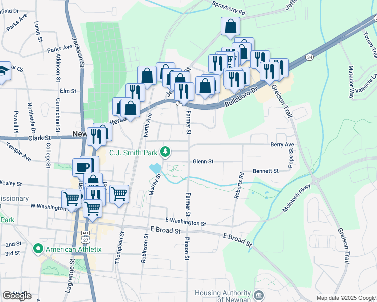 map of restaurants, bars, coffee shops, grocery stores, and more near Farmer Street in Newnan