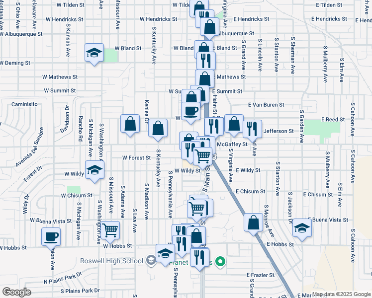 map of restaurants, bars, coffee shops, grocery stores, and more near 1200 S Richardson Ave in Roswell