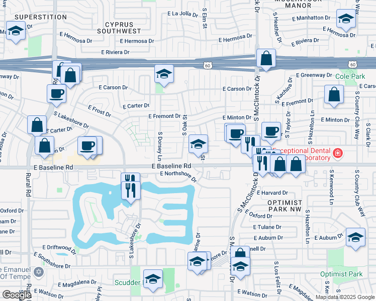 map of restaurants, bars, coffee shops, grocery stores, and more near 1409 East Dunbar Drive in Tempe