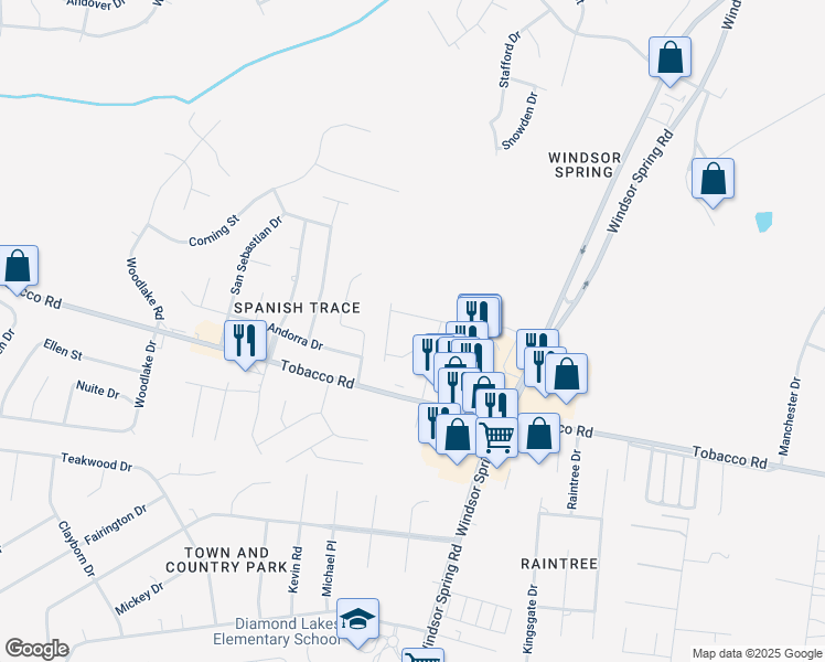 map of restaurants, bars, coffee shops, grocery stores, and more near 3693 Windsor Spring Road in Hephzibah