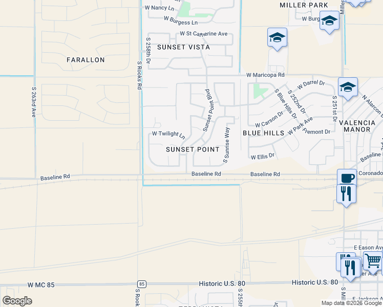 map of restaurants, bars, coffee shops, grocery stores, and more near 7396 South Morning Dew Lane in Buckeye