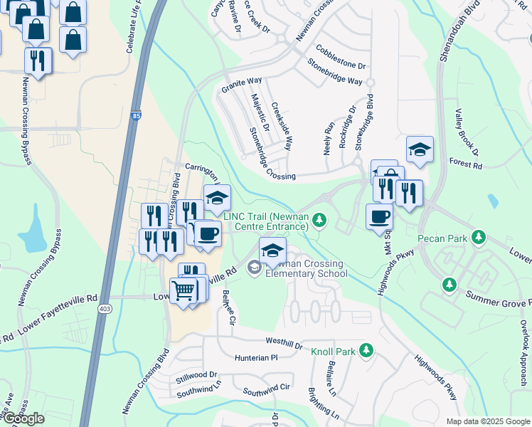 map of restaurants, bars, coffee shops, grocery stores, and more near 285 Summerlin Boulevard in Newnan