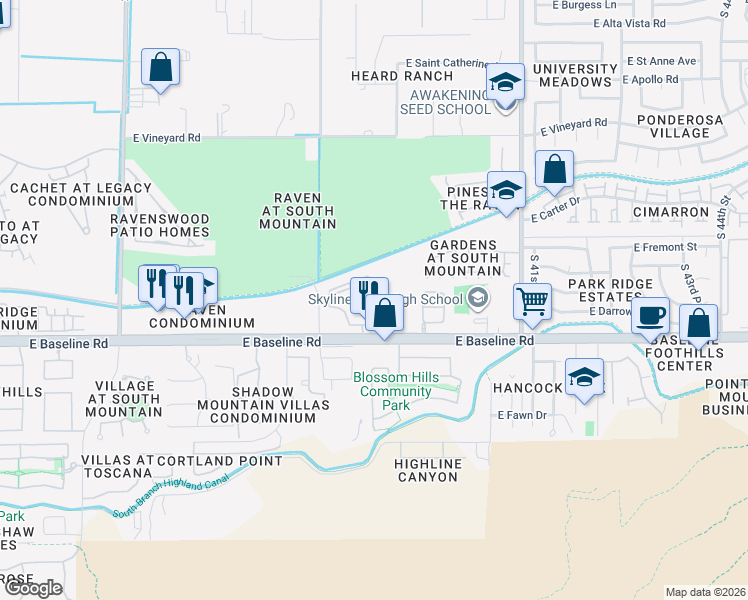map of restaurants, bars, coffee shops, grocery stores, and more near 3606 East Baseline Road in Phoenix