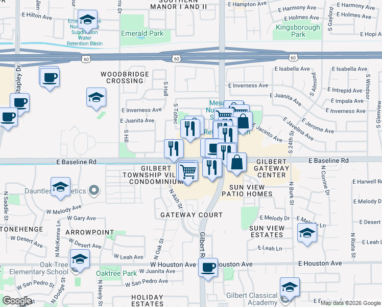 map of restaurants, bars, coffee shops, grocery stores, and more near 1830 East Baseline Road in Mesa
