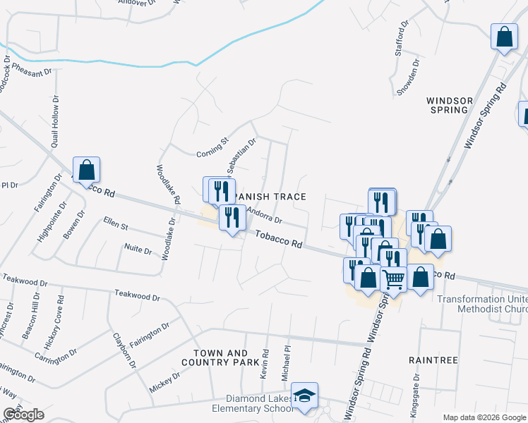 map of restaurants, bars, coffee shops, grocery stores, and more near 3635 Pamplona Drive in Hephzibah