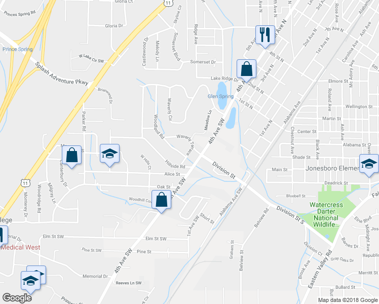 map of restaurants, bars, coffee shops, grocery stores, and more near 298 Waverly Terrace in Bessemer