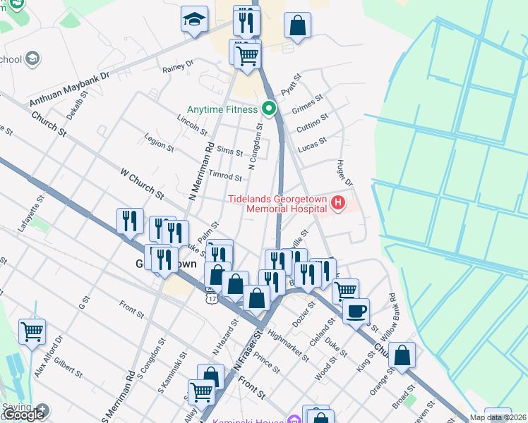 map of restaurants, bars, coffee shops, grocery stores, and more near 531 North Hazard Street in Georgetown