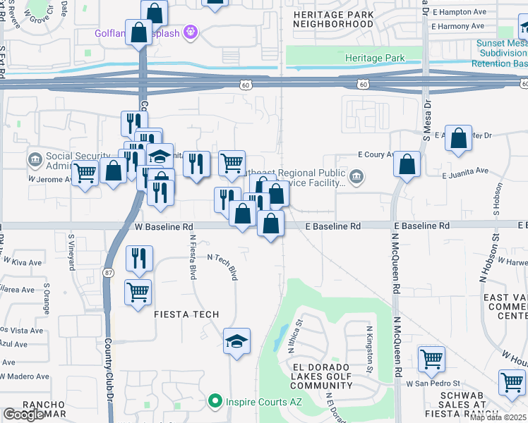 map of restaurants, bars, coffee shops, grocery stores, and more near 20 West Baseline Road in Mesa